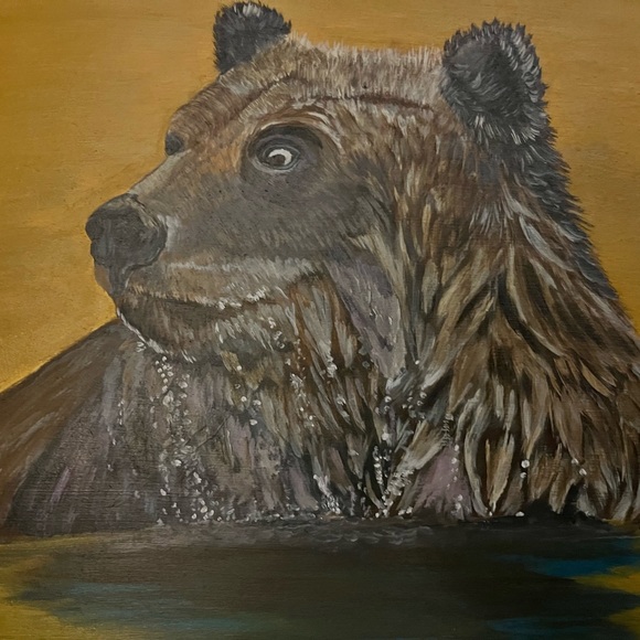 Original painting of a grizzly bear in water in wood - Picture 2 of 2